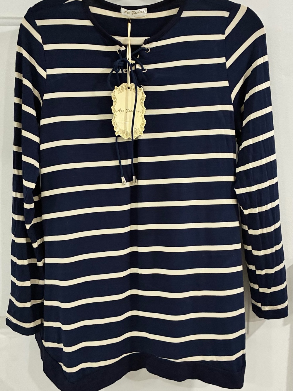 Striped Navy and Cream Lace-Up Women's Top -